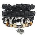 Mehrlagiges Herren-Lederarmband im Retro-Stil mit geflochtenen Seilen und Blattanhänger - 3-teiliges Set