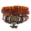 Set de pulseras retro de cuero multicapa con cuentas de madera y colgante de estrella - Juego de 3 Piezas Combinación (TZ249)