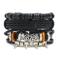 Set bracciale multistrato in pelle nera con perle di legno e ciondoli in stile punk - Combinazione di Pelle Nera Argento e Perline