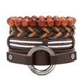 Retro multi-layer men's leather bracelet set with wooden beads and woven cords - Four-Piece Set