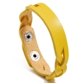 Braided yellow leather bracelet for women with adjustable silver metal snap buttons - Yellow