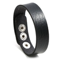 Minimalist black leather wristband featuring silver metal snap buttons and grainy texture - Black