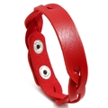 Detailed view of red woven leather bracelet featuring silver metal snap button closures - Red