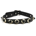 Adjustable black leather punk choker with six gold metal spikes and buckle closure - Black