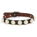 Dunkelbraunes Leder-Choker-Halsband mit weißen Perlen und verstellbarer Schnalle - Braun