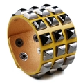 Yellow punk leather bracelet with four rows of silver pyramid studs and snap buttons - Yellow