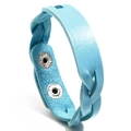 Detail view of light blue braided leather bracelet with silver snap button closures - Blue