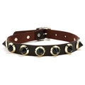 Punk style choker featuring black conical studs and silver buckle on dark leather band - Brown