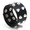 Punk style wide black leather bracelet with two rows of silver metal cone studs - Black