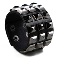 Punk black wide leather bracelet featuring three rows of square silver metal rivets - Black