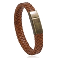 Pulsera trenzada de hombre en cuero marrón con un cierre magnético de bronce antiguo - Marrón Claro 20.5CM