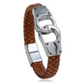 Herren Armband aus braunem Leder geflochten mit silbernem Handschellen-Verschluss aus Stahl - 20.5CM / Hellbraun