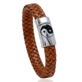 Geflochtenes braunes Lederarmband mit Yin-Yang-Symbolverschluss aus Edelstahl - Hellbraun / 20.5CM