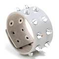 Silver studded punk leather wide cuff bracelet with metallic conical spikes and button - Gray