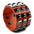 Punk style orange leather wide cuff bracelet with three rows of black pyramid studs - Orange Red