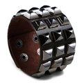 Punk style wide dark brown leather bracelet with silver pyramid metal studs and snaps - Brown