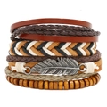 Retro multi-layer woven leather bracelet set with feather charm and wooden beads - Multi-layer Vintage Style