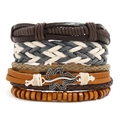 Retro multi-layer woven leather bracelet set with wooden beads and leaf charm - Vintage Braided Combination (TZ301)