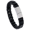 Geflochtenes schwarzes Lederarmband für Herren mit silbernem Magnetverschluss - Silberner Verschluss / 22cm