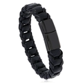 Handgeflochtenes schwarzes Lederarmband mit mattschwarzem Magnetverschluss aus Metall - Schwarzer Clip / 22cm