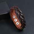 Retro multi-layer woven brown leather bracelet with adjustable silver metal snaps - Brown
