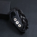 Vintage braided black leather bracelet with triple silver adjustable snap buttons - Black