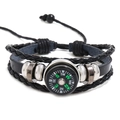 Mehrlagiges geflochtenes Lederarmband für Herren mit Kompass und Metallringen - Schwarz