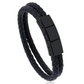 Dubbellaagse gevlochten zwarte PU-leren heren armband met matzwarte metalen sluiting - Zwart 22.5CM
