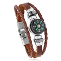 Multi-layer braided dark brown leather bracelet with compass and metal beads decoration - Brown