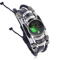 Handmade multilayer black leather bracelet with luminous green constellation glass gem - Aries