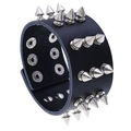 Bracciale largo in pelle punk nera con tre file di punte coniche in metallo - Stile a Tre File di Punte