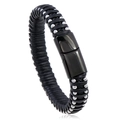 Bracciale da uomo intrecciato in pelle nera con perle argentate e chiusura magnetica - Catena a Sfere Fibbia Nera 22CM