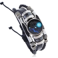 Black multilayer leather bracelet with luminous zodiac glass charm and adjustable beads - Taurus