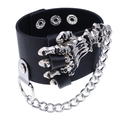 Bracciale punk in pelle nera con artiglio di teschio d'argento e catena metallica - Nero
