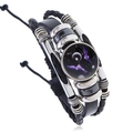 Black multilayer leather bracelet with glowing zodiac glass bead and adjustable cord - Gemini