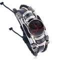 Black multilayer leather bracelet featuring a luminous red galaxy glass charm and silver accents - Cancer