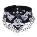 Punk rock wide leather bracelet featuring a silver pirate skull and metal chain detail - Pirate Skull Chain Black Style