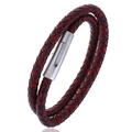 Double-wrap red and black braided leather bracelet with stainless steel magnetic clasp - 20.5CM / Burgundy