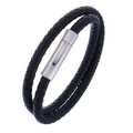 Men's double-wrap braided black leather bracelet with brushed stainless steel clasp - 20.5CM / Black