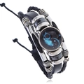 Adjustable multilayer black leather constellation bracelet with a blue glass zodiac charm - Aquarius