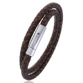 Men's double-wrap dark brown braided leather bracelet with matte stainless steel clasp - 20.5CM / Brown