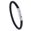 Minimalistische zwarte gevlochten leren armband met geborstelde zilveren metalen gesp - Zwart 20.5CM