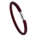 Braided leather bracelet for men featuring red and black weave with silver metal clasp - Wine Red 20.5CM