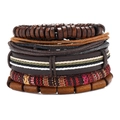 Ensemble bohème de cinq bracelets avec perles en bois, cuir et cordes tressées - Set de 5 pièces