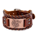Men's wide brown leather bracelet with Celtic wolf head charm and cross-stitch edges - Brown Leather + Antique Red Copper