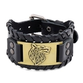 Nordic Viking leather bracelet with a golden Celtic wolf head on a black braided band - Black Leather + Antique Bronze