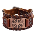 Bracciale vintage in pelle intrecciata marrone con simbolo Kolovrat in rame e fibbia - Rame rosso antico