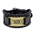 Men's wide black braided leather bracelet featuring a bronze viking pentagram charm - Antique Bronze