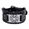 Bracciale largo da uomo in pelle nera punk con ruota solare slava e fibbia - Argento Antico