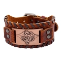 Vintage brown braided leather bracelet with dragon metal badge and punk style studs - Antique Red Copper